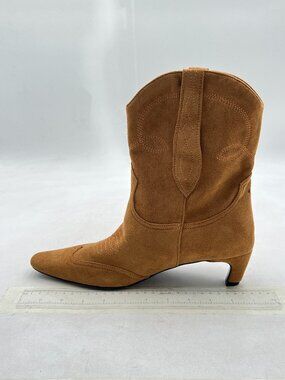 FSJ Light Brown Square Toe Comfort Kitten Low Heel Ankle Boot Pull On Bootie